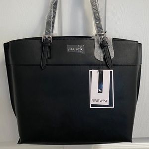 NWT! Nine West Black Tote Purse / Large Bag / Silver Hardware / Card Holder